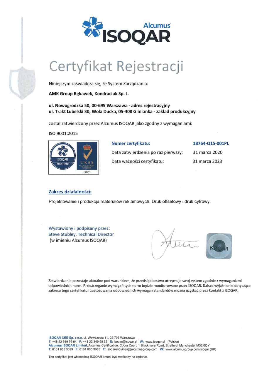 Drukarnia AMK z certyfikatem ISO 9001:2015